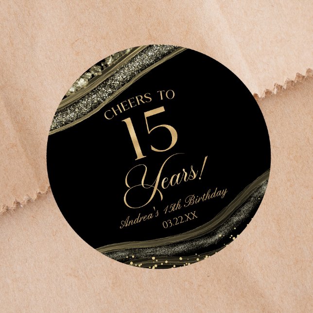 Elegant Black Gold Agate 15th Birthday Party Classic Round Sticker (Creator Uploaded)