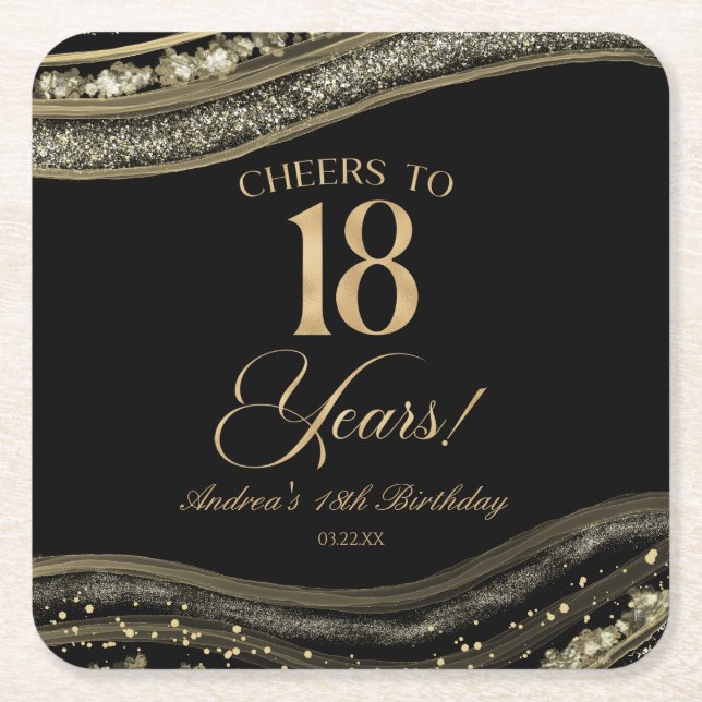 Elegant Black Gold Agate 18th Birthday Party Square Paper Coaster (Front)