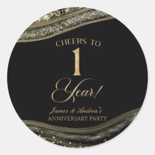 Elegant Black Gold Agate 1st Anniversary Party Classic Round Sticker