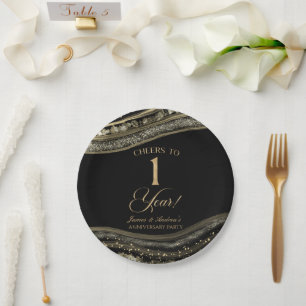 Elegant Black Gold Agate 1st Anniversary Party Paper Plate