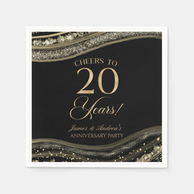 Elegant Black Gold Agate 20th Anniversary Party Napkin (Front)