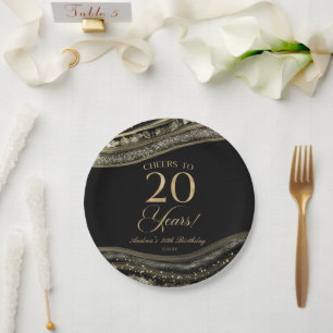 Elegant Black Gold Agate 20th Birthday Party Paper Plate