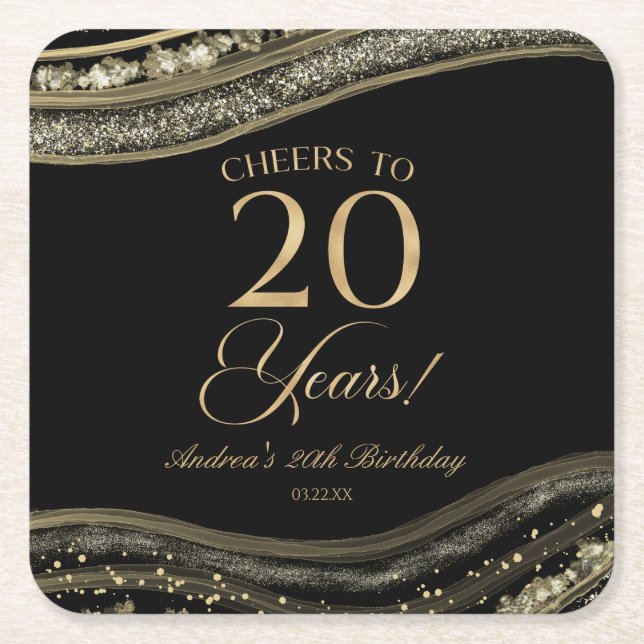 Elegant Black Gold Agate 20th Birthday Party Square Paper Coaster (Front)
