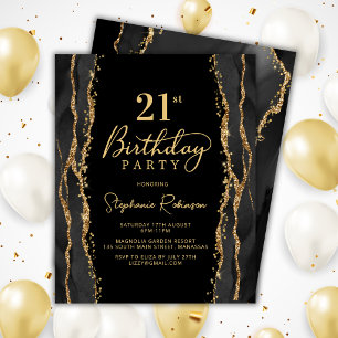 Elegant Black Gold Agate 21st Birthday Invitation