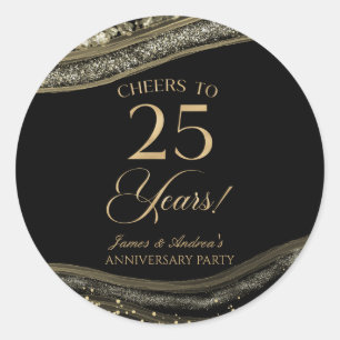 Elegant Black Gold Agate 25th Anniversary Party Classic Round Sticker