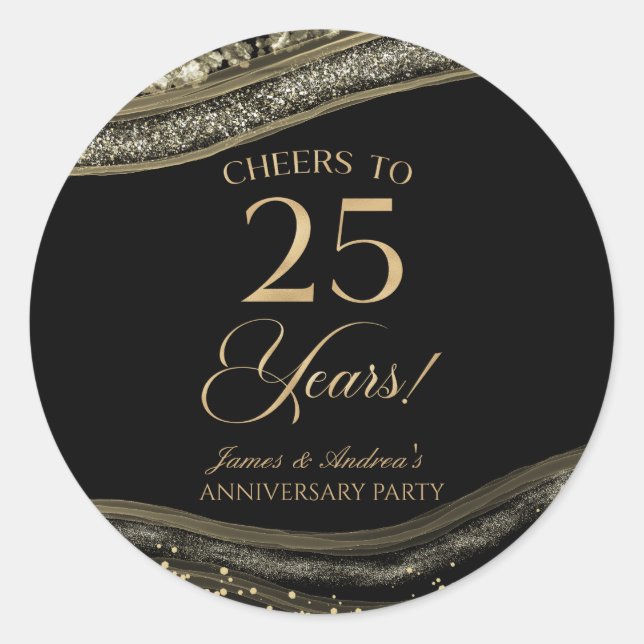 Elegant Black Gold Agate 25th Anniversary Party Classic Round Sticker (Front)