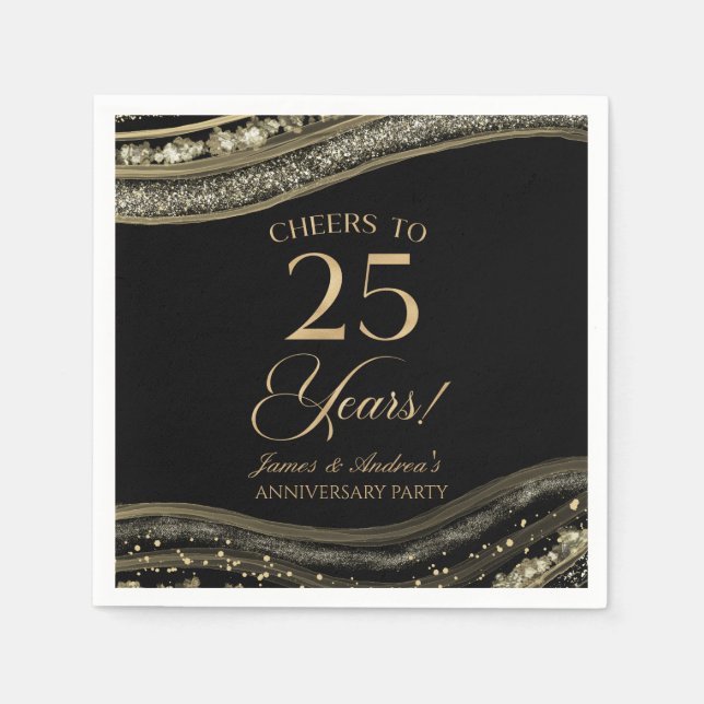 Elegant Black Gold Agate 25th Anniversary Party Napkin (Front)