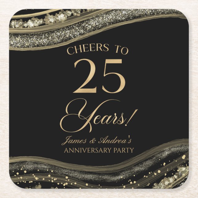 Elegant Black Gold Agate 25th Anniversary Party Square Paper Coaster (Front)