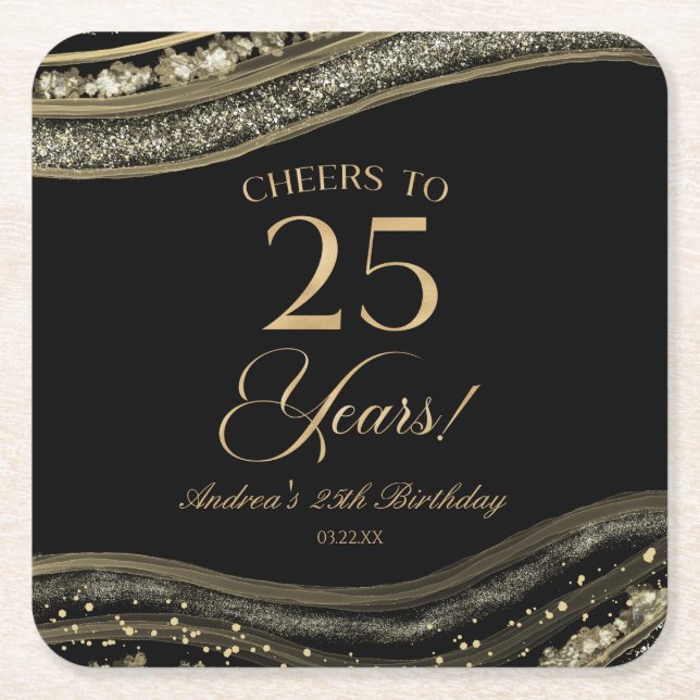 Elegant Black Gold Agate 25th Birthday Party Square Paper Coaster (Front)
