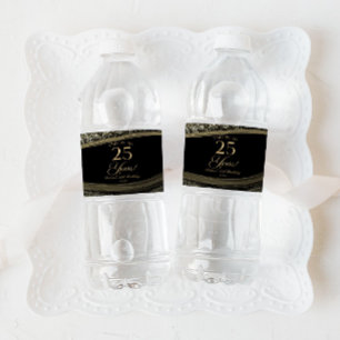Elegant Black Gold Agate 25th Birthday Party Water Bottle Label
