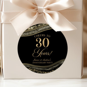 Elegant Black Gold Agate 30th Anniversary Party Classic Round Sticker