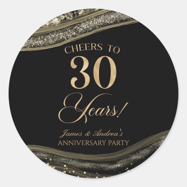 Elegant Black Gold Agate 30th Anniversary Party Classic Round Sticker (Front)
