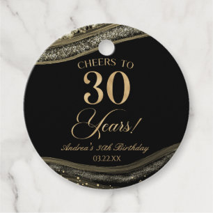 Elegant Black Gold Agate 30th Birthday Party Favour Tags
