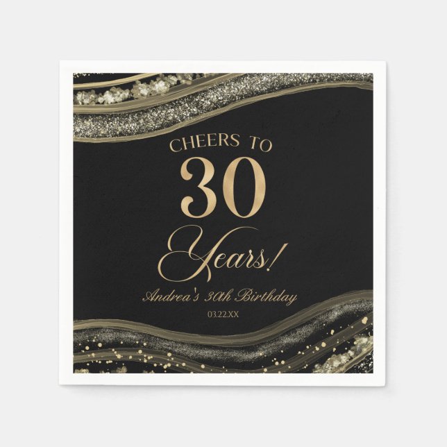 Elegant Black Gold Agate 30th Birthday Party Napkin (Front)