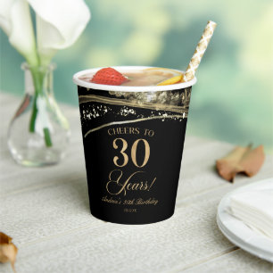Elegant Black Gold Agate 30th Birthday Party Paper Cups
