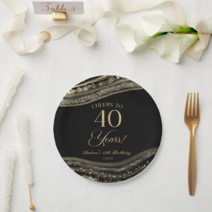 Elegant Black Gold Agate 40th Birthday Party Paper Plate