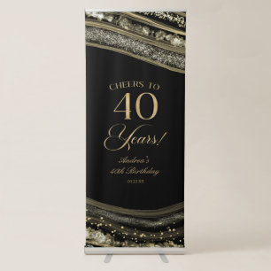 Elegant Black Gold Agate 40th Birthday Party Retractable Banner