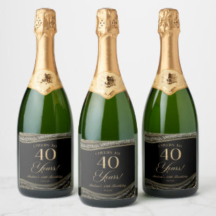Elegant Black Gold Agate 40th Birthday Party Sparkling Wine Label