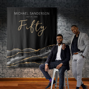 Elegant Black Gold Agate 50th Birthday Backdrop Tapestry