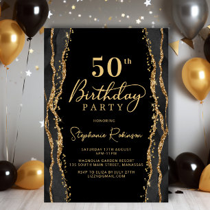 Elegant Black Gold Agate 50th Birthday Invitation