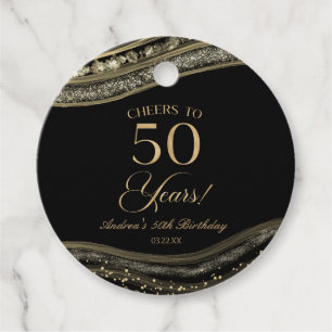 Elegant Black Gold Agate 50th Birthday Party Favour Tags