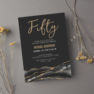 Elegant Black Gold Agate 50th Birthday Party Invitation