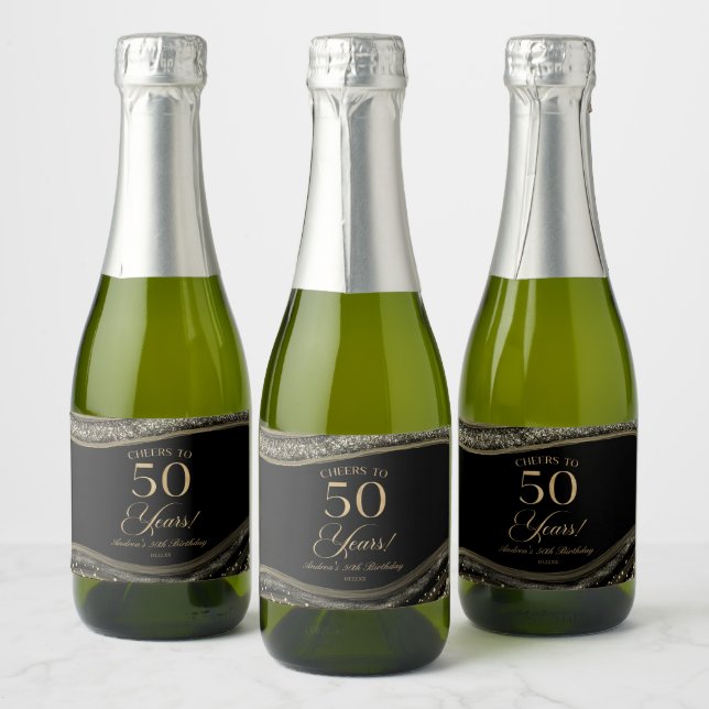 Elegant Black Gold Agate 50th Birthday Party Sparkling Wine Label (Bottles)