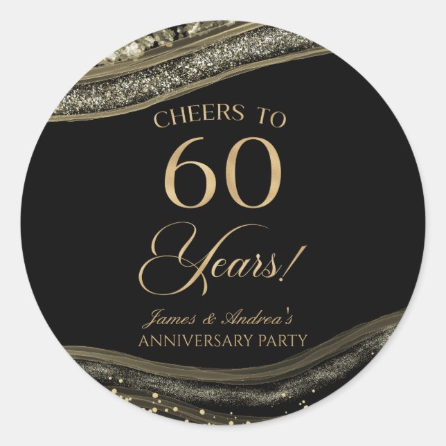Elegant Black Gold Agate 60th Anniversary Party Classic Round Sticker (Front)