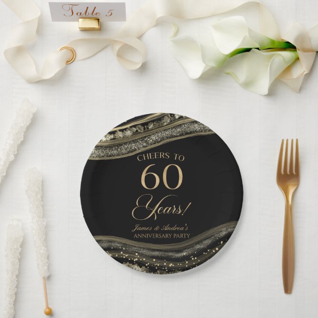 Elegant Black Gold Agate 60th Anniversary Party Paper Plate (Wedding)
