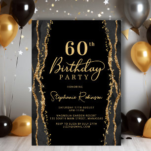 Elegant Black Gold Agate 60th Birthday Invitation