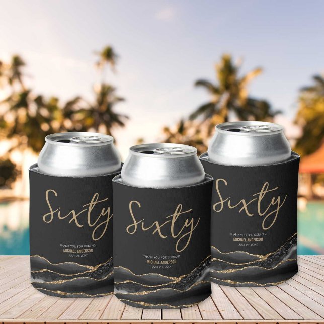 Elegant Black Gold Agate 60th Birthday Party Can Cooler (Creator Uploaded)