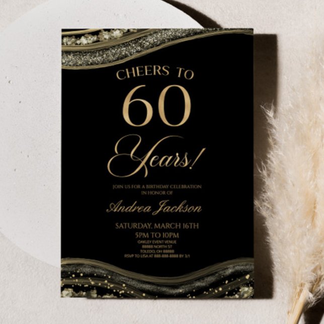 Elegant Black Gold Agate 60th Birthday Party Invitation (Creator Uploaded)
