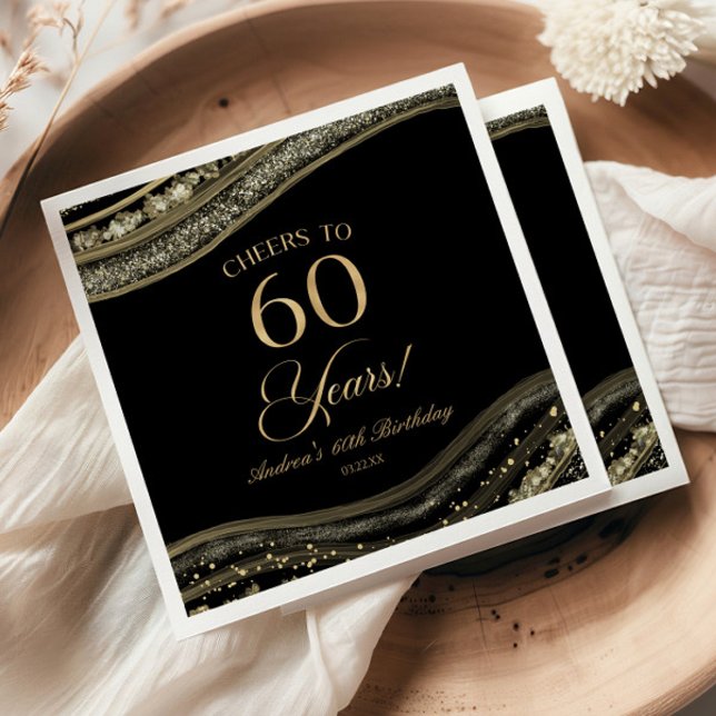 Elegant Black Gold Agate 60th Birthday Party Napkin (Creator Uploaded)