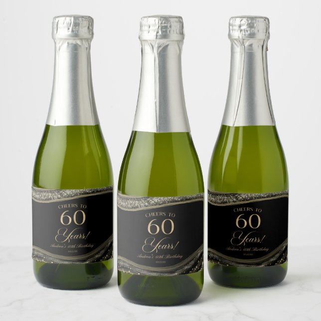 Elegant Black Gold Agate 60th Birthday Party Sparkling Wine Label (Bottles)
