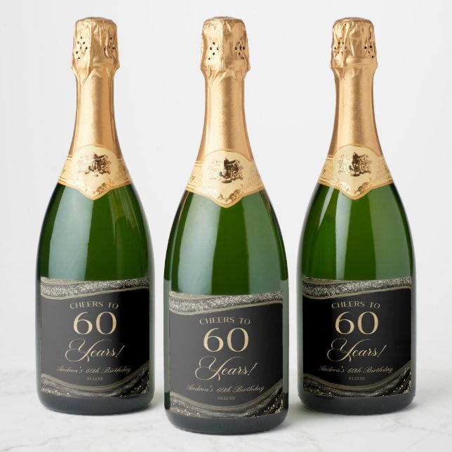 Elegant Black Gold Agate 60th Birthday Party Sparkling Wine Label (Bottles)
