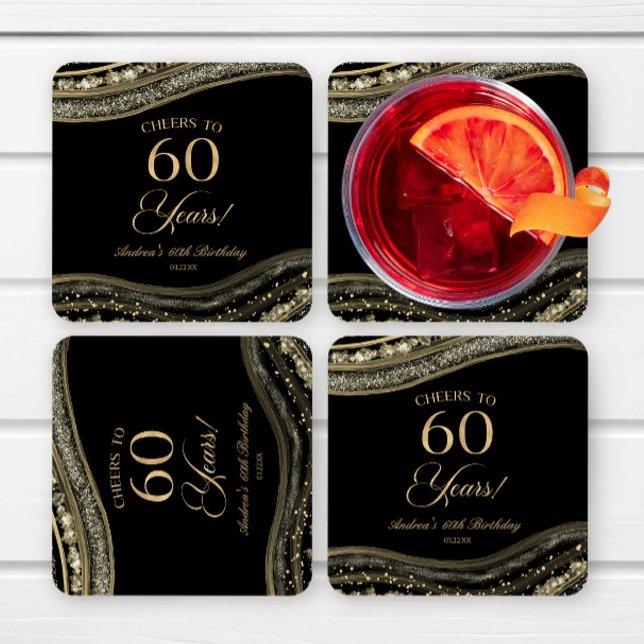Elegant Black Gold Agate 60th Birthday Party Square Paper Coaster (Creator Uploaded)