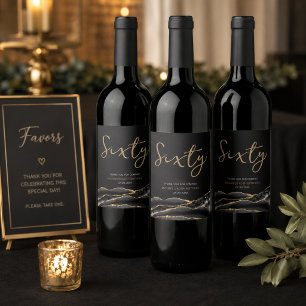 Elegant Black Gold Agate 60th Birthday  Wine Label