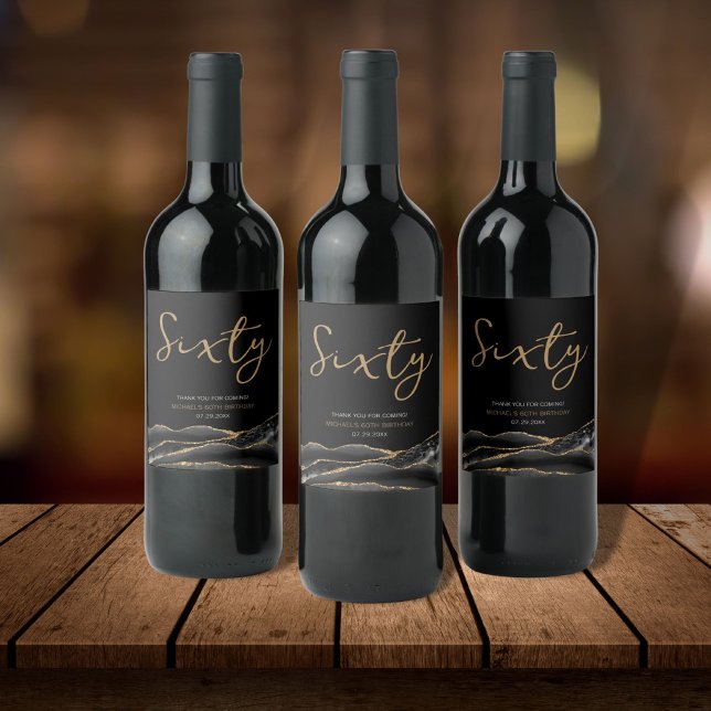 Elegant Black Gold Agate 60th Birthday  Wine Label (Creator Uploaded)