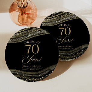 Elegant Black Gold Agate 70th Anniversary Party Paper Plate