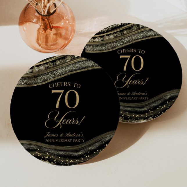 Elegant Black Gold Agate 70th Anniversary Party Paper Plate (Creator Uploaded)