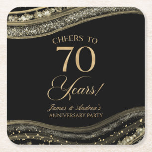 Elegant Black Gold Agate 70th Anniversary Party Square Paper Coaster