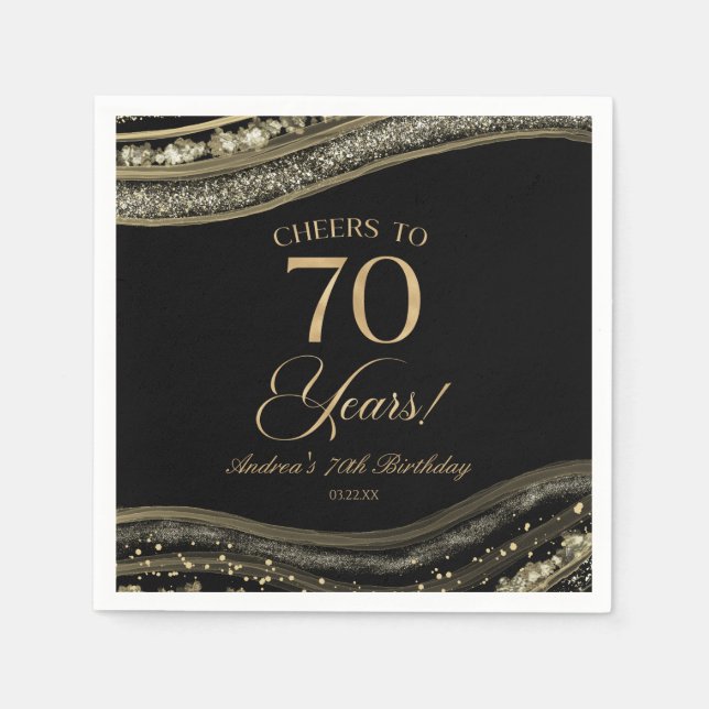 Elegant Black Gold Agate 70th Birthday Party Napkin (Front)