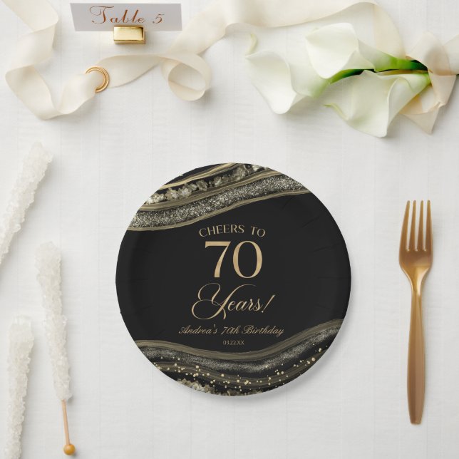 Elegant Black Gold Agate 70th Birthday Party Paper Plate (Wedding)