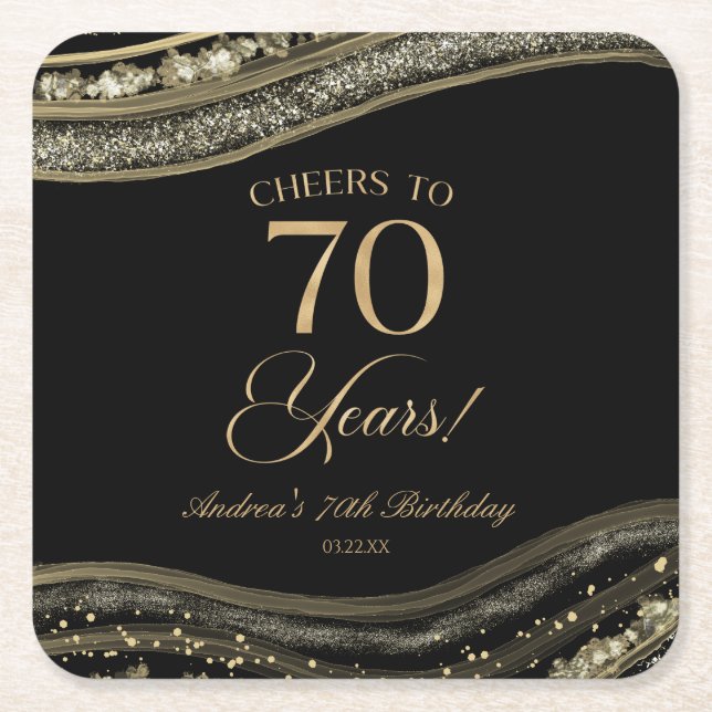 Elegant Black Gold Agate 70th Birthday Party Square Paper Coaster (Front)