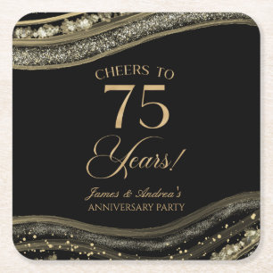 Elegant Black Gold Agate 75th Anniversary Party Square Paper Coaster