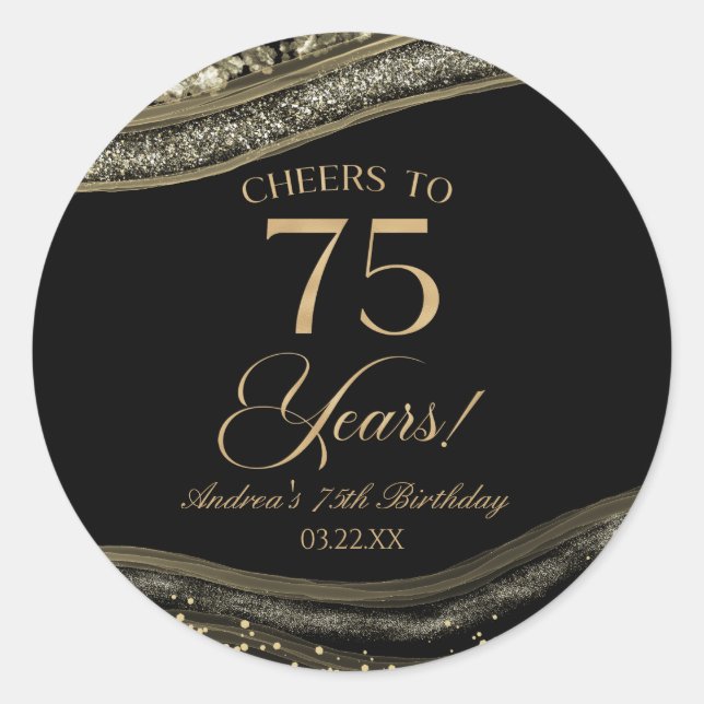 Elegant Black Gold Agate 75th Birthday Party Classic Round Sticker (Front)