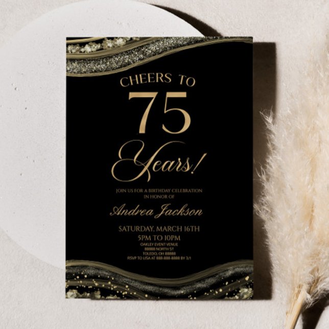 Elegant Black Gold Agate 75th Birthday Party Invitation (Creator Uploaded)