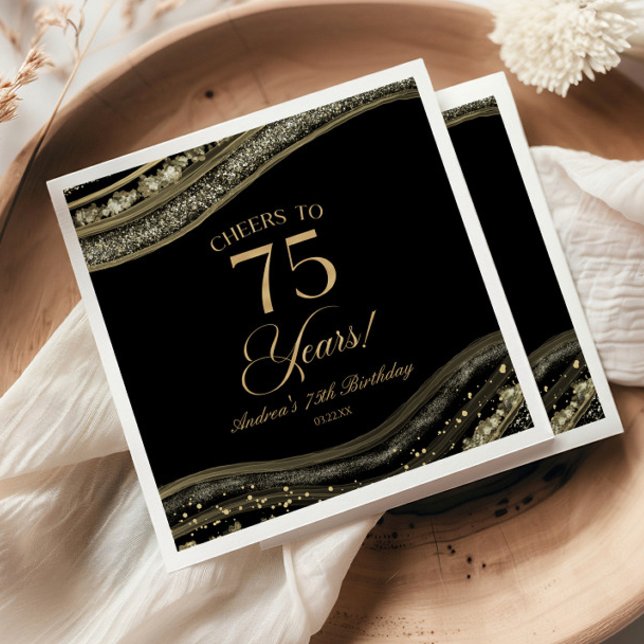 Elegant Black Gold Agate 75th Birthday Party Napkin (Creator Uploaded)