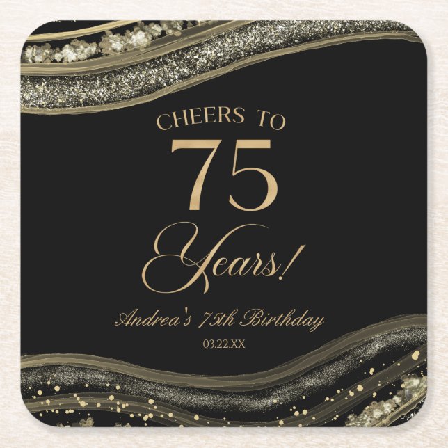 Elegant Black Gold Agate 75th Birthday Party Square Paper Coaster (Front)