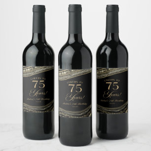 Elegant Black Gold Agate 75th Birthday Party Wine Label